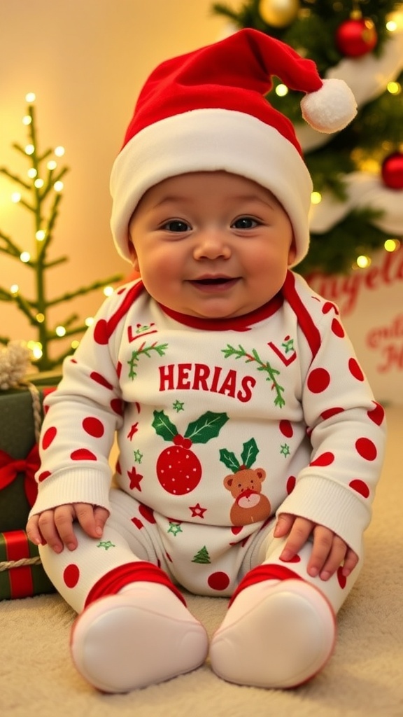 Adorable Christmas Outfit for 2-Month-Old Baby A smiling baby in a Christmas outfit with a festive onesie, hat, and booties, surrounded by holiday decorations.